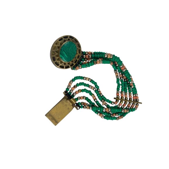 Vintage Multi-Strand Beaded Bracelet With Green Cabochon & Brass Accents Ethnic - Picture 6 of 9